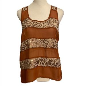 SOULMATES sheer sequin burnt orange tank top